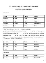 Đề thi cuối học kỳ II môn Tiếng Anh Lớp 6 - Năm học 2019-2020 (Có đáp án)